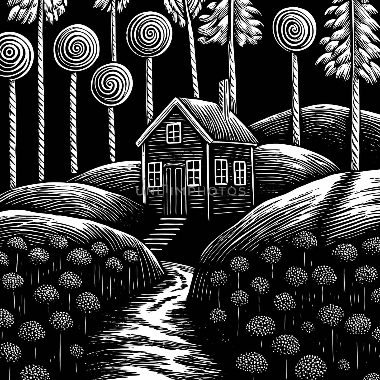 Black and white illustration of a small house nestled in a whimsical landscape with spiral-shaped trees. A high-quality photo.
