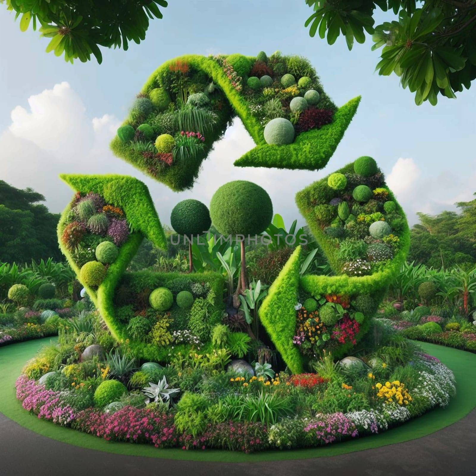 A large recycling symbol is created using various plants and flowers in a lush garden setting. A high-quality photo.