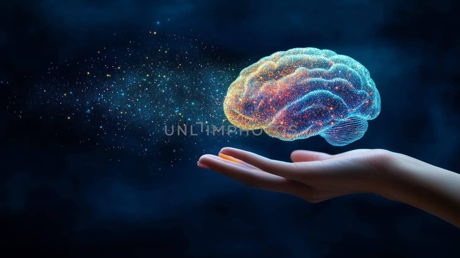 Human hand holding a glowing digital brain made of particles, visualizing concepts of artificial intelligence, machine learning, and neural networks
