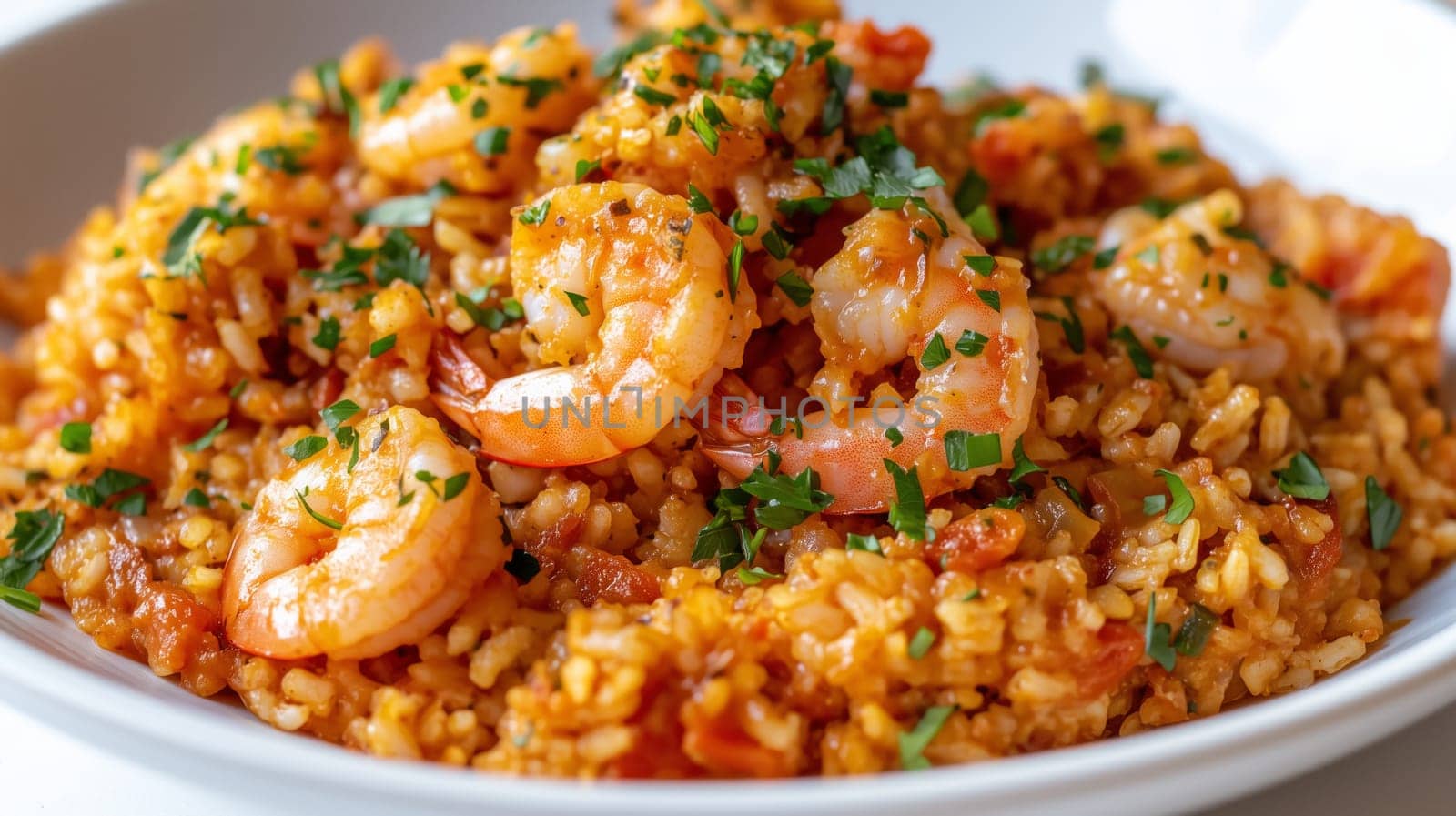 Delicious portion of rice with tomatoes and shrimps seasoned with fresh parsley.