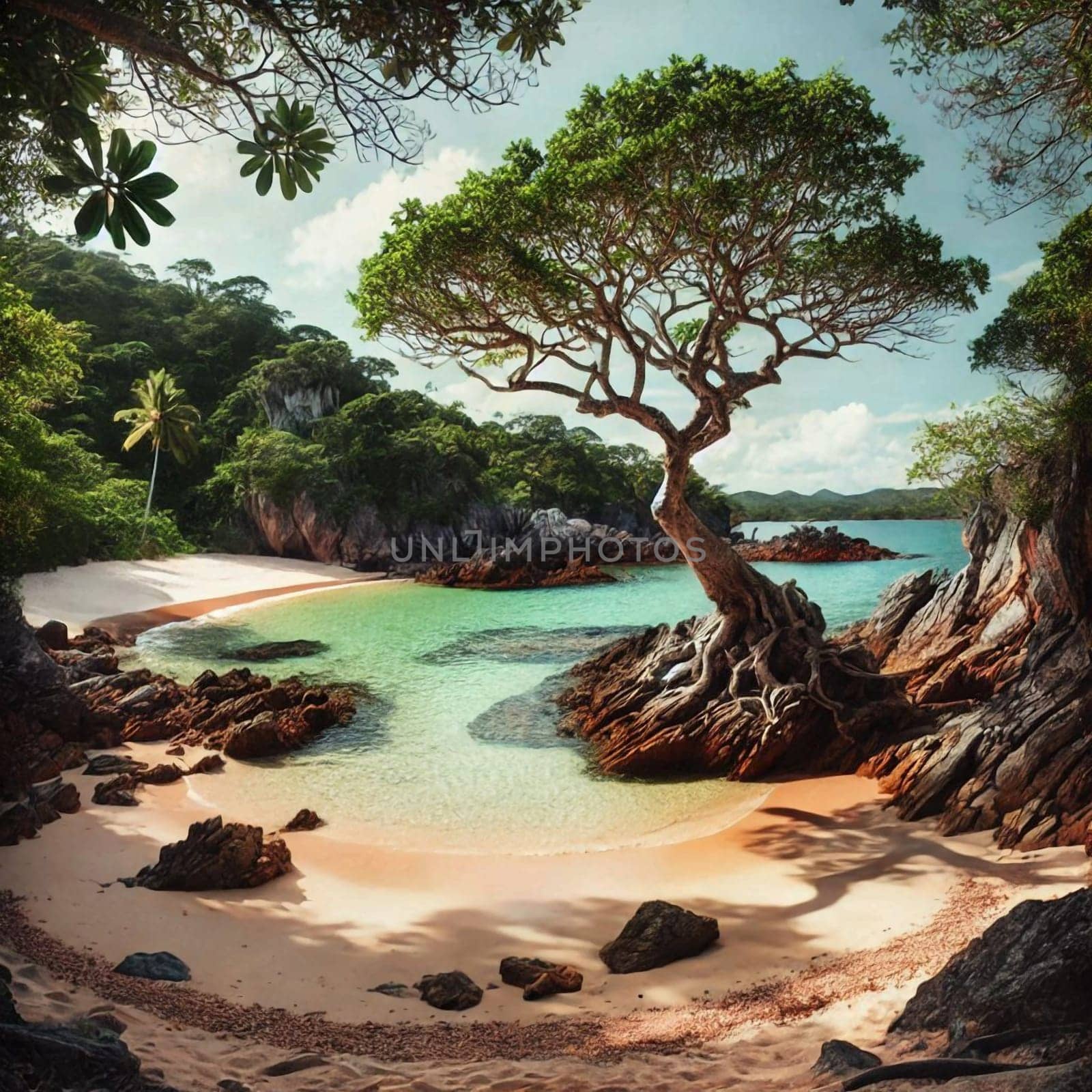 A large tree with exposed roots grows on a rocky beach with crystal-clear turquoise water. A high-quality photo.