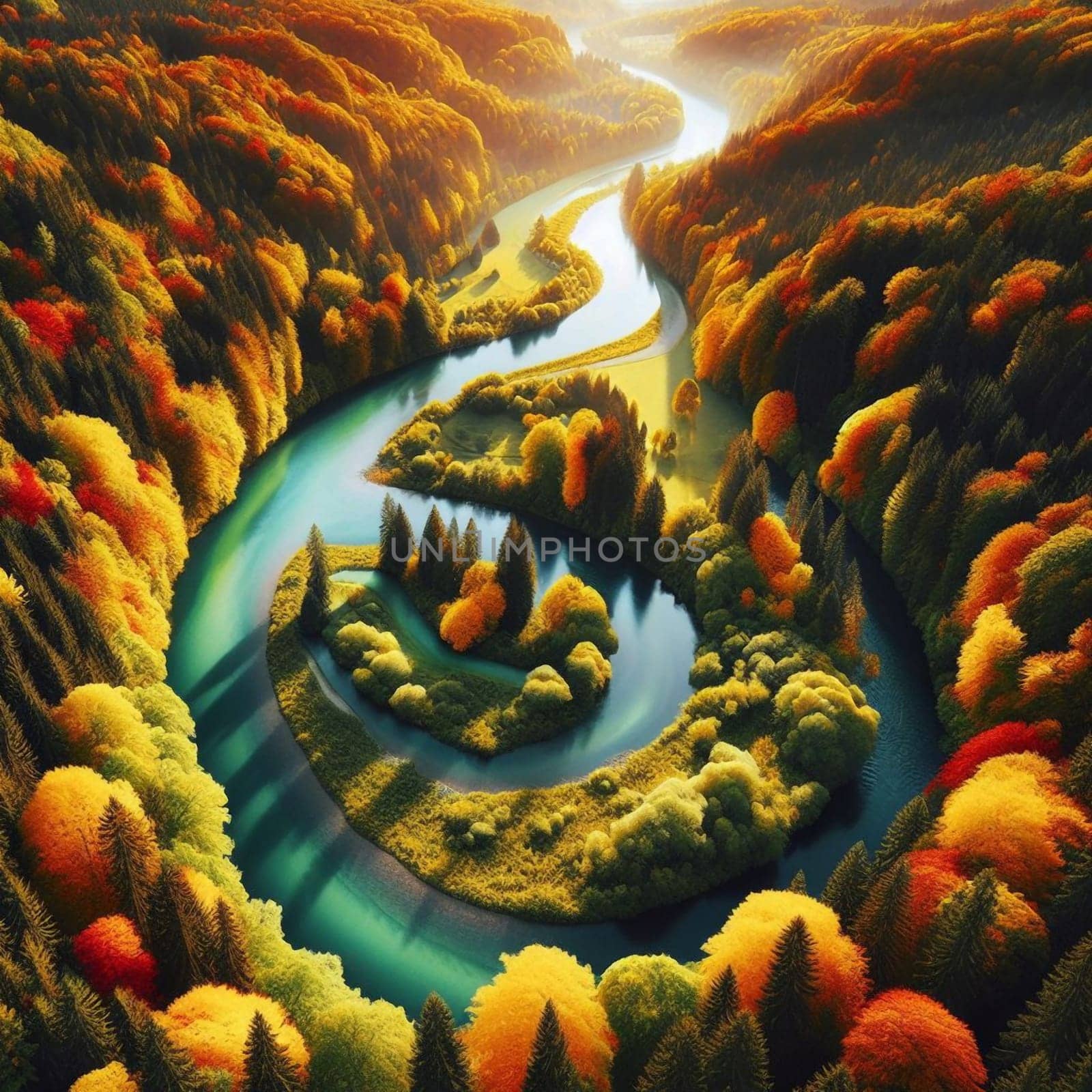 Aerial view of a river meandering through an autumnal forest, creating a vibrant, colorful landscape. A high-quality photo.