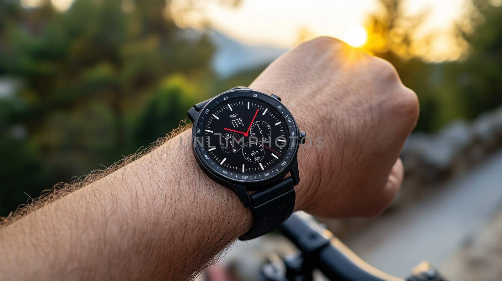 Close-up of a cyclist's wrist wearing a smartwatch during a golden hour bike ride, showcasing the technology and active lifestyle.