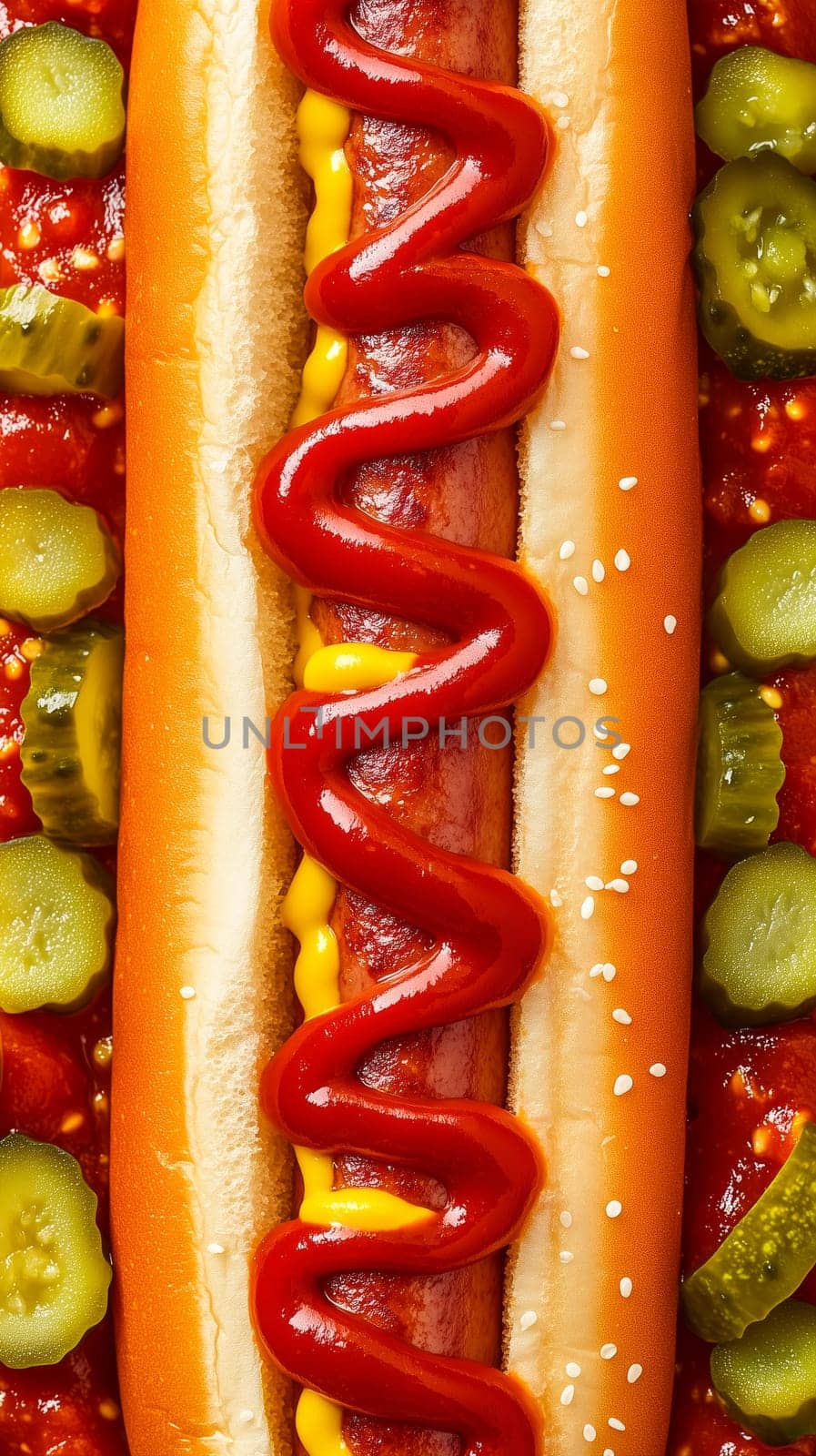 Close-up of a hot dog with ketchup and mustard, served with pickles and relish, creating a vibrant and appetizing image