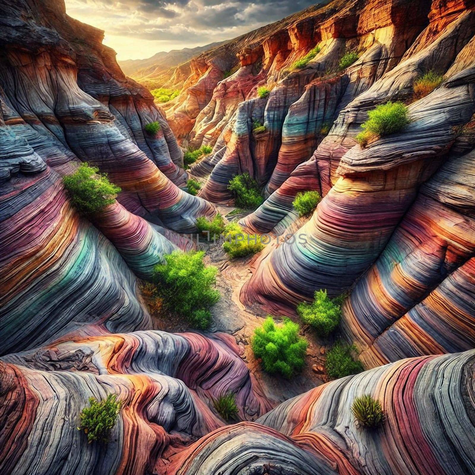 A canyon with vibrantly colored, swirling rock formations, with green bushes growing in the crevices. A high-quality photo.