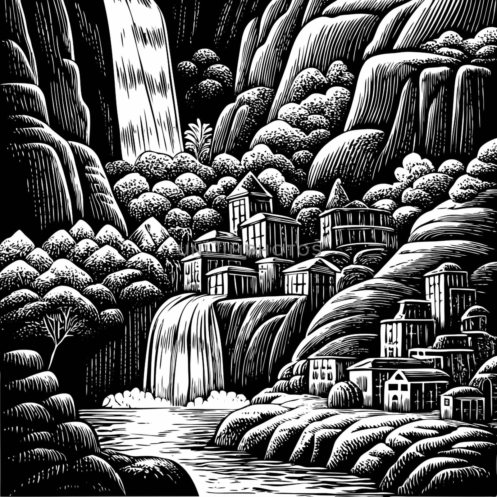 Black and white woodcut-style illustration of a village nestled amongst a waterfall and lush foliage. A high-quality photo.