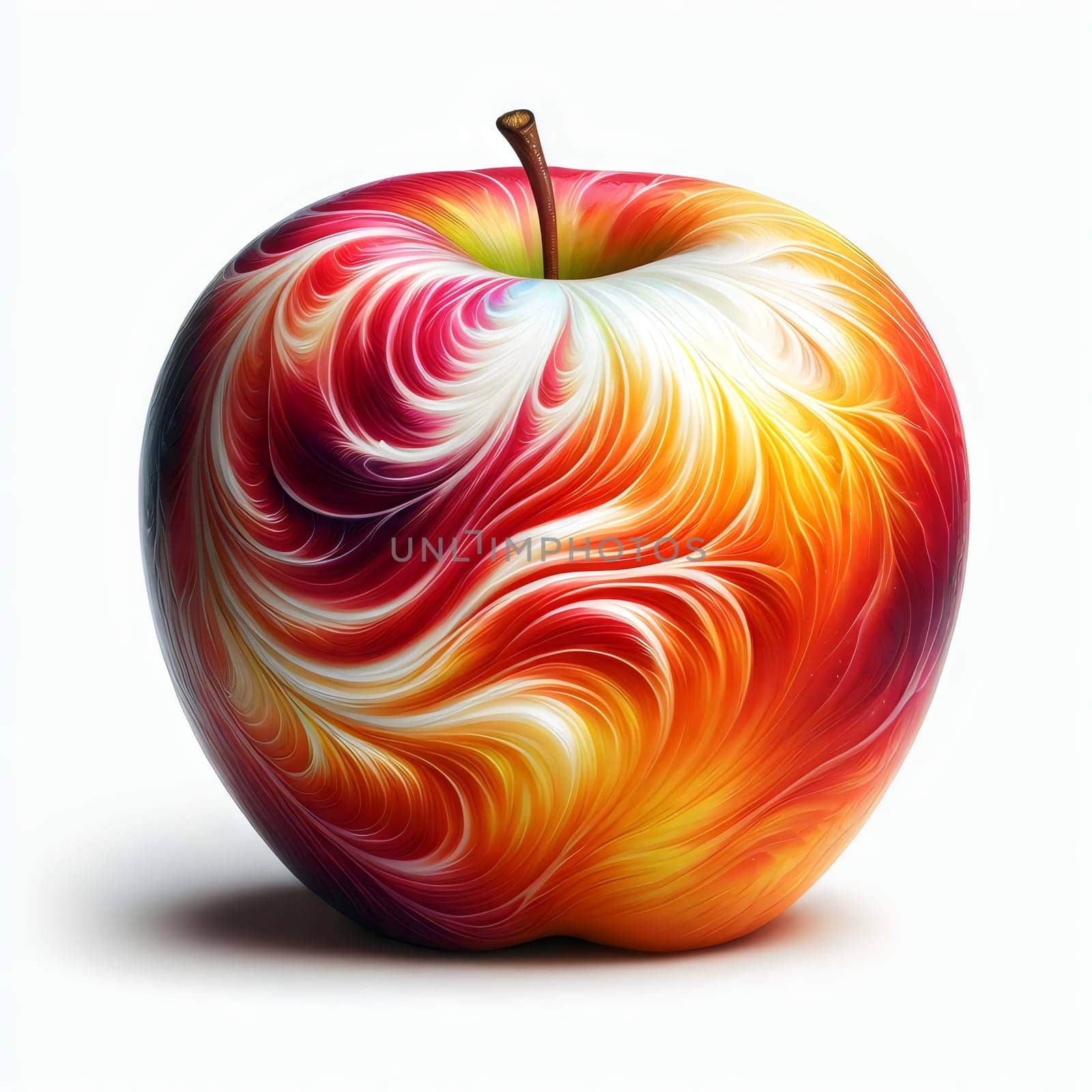 An apple with swirling, vibrant colors of red, orange, and white, creating an abstract and artistic effect. A high-quality photo.
