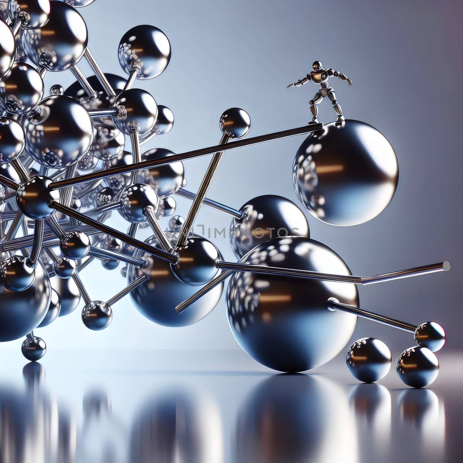 A small robot stands precariously on a complex, metallic structure of spheres and rods. A high-quality photo.