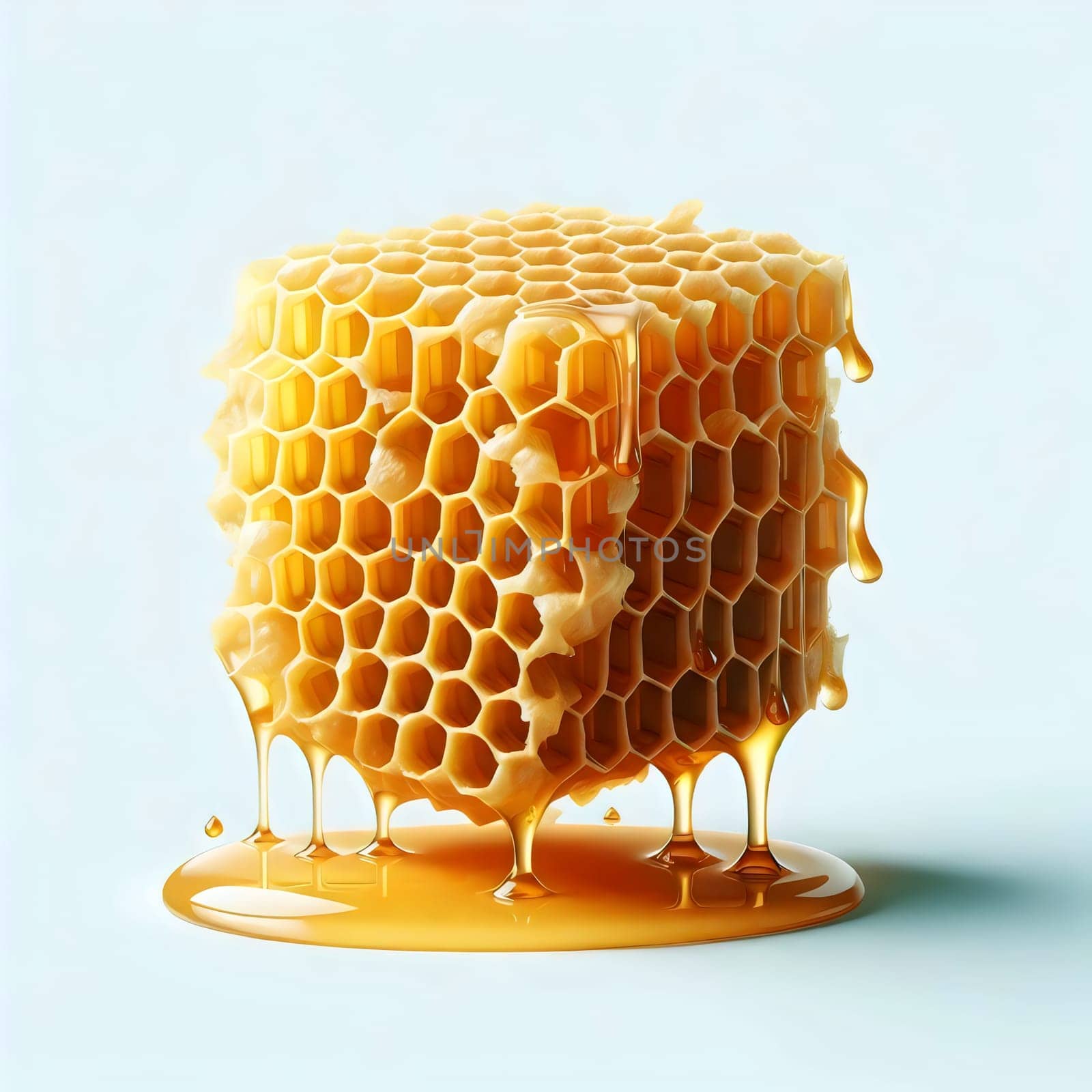 A honeycomb with honey dripping down, set against a light blue background. A high-quality photo.