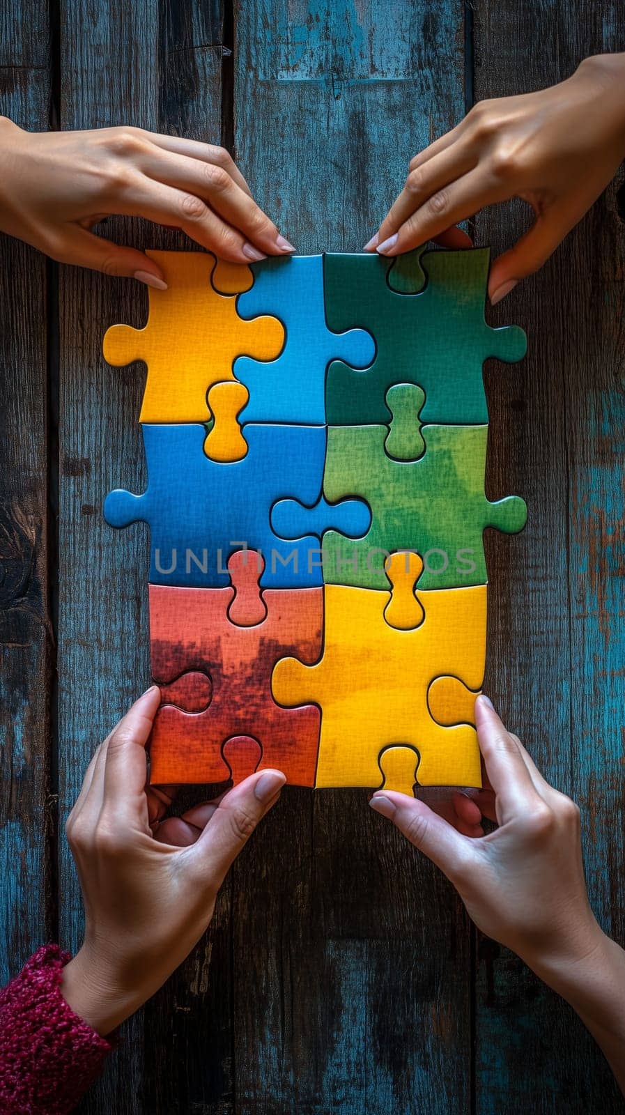 Four people assembling colorful jigsaw puzzle pieces on rustic wooden background, representing teamwork and problem-solving