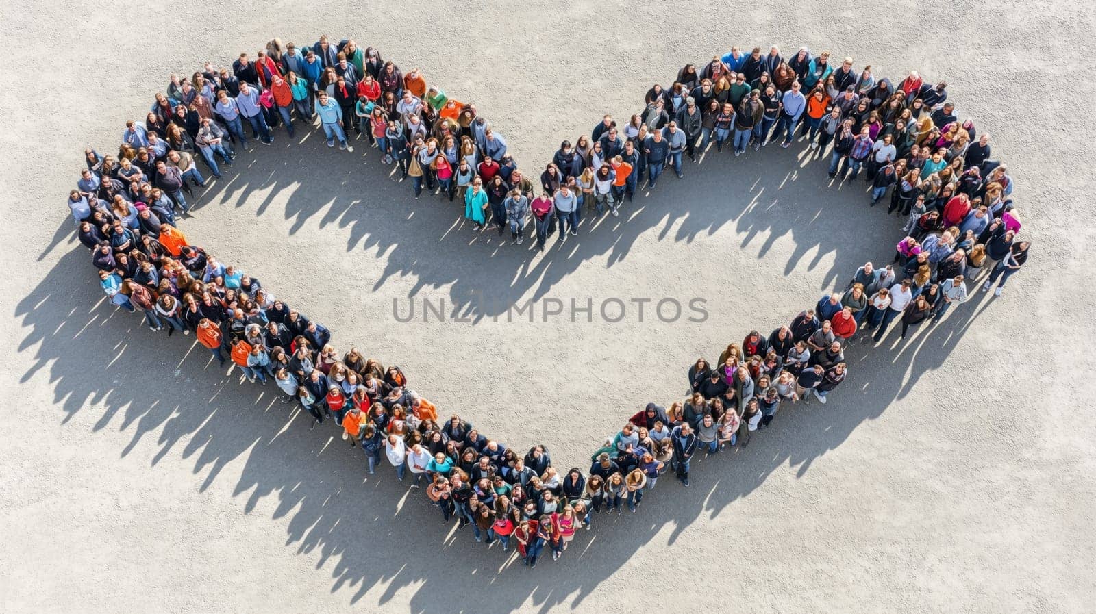Large group of people forming a heart shape, symbolizing unity, love, and teamwork