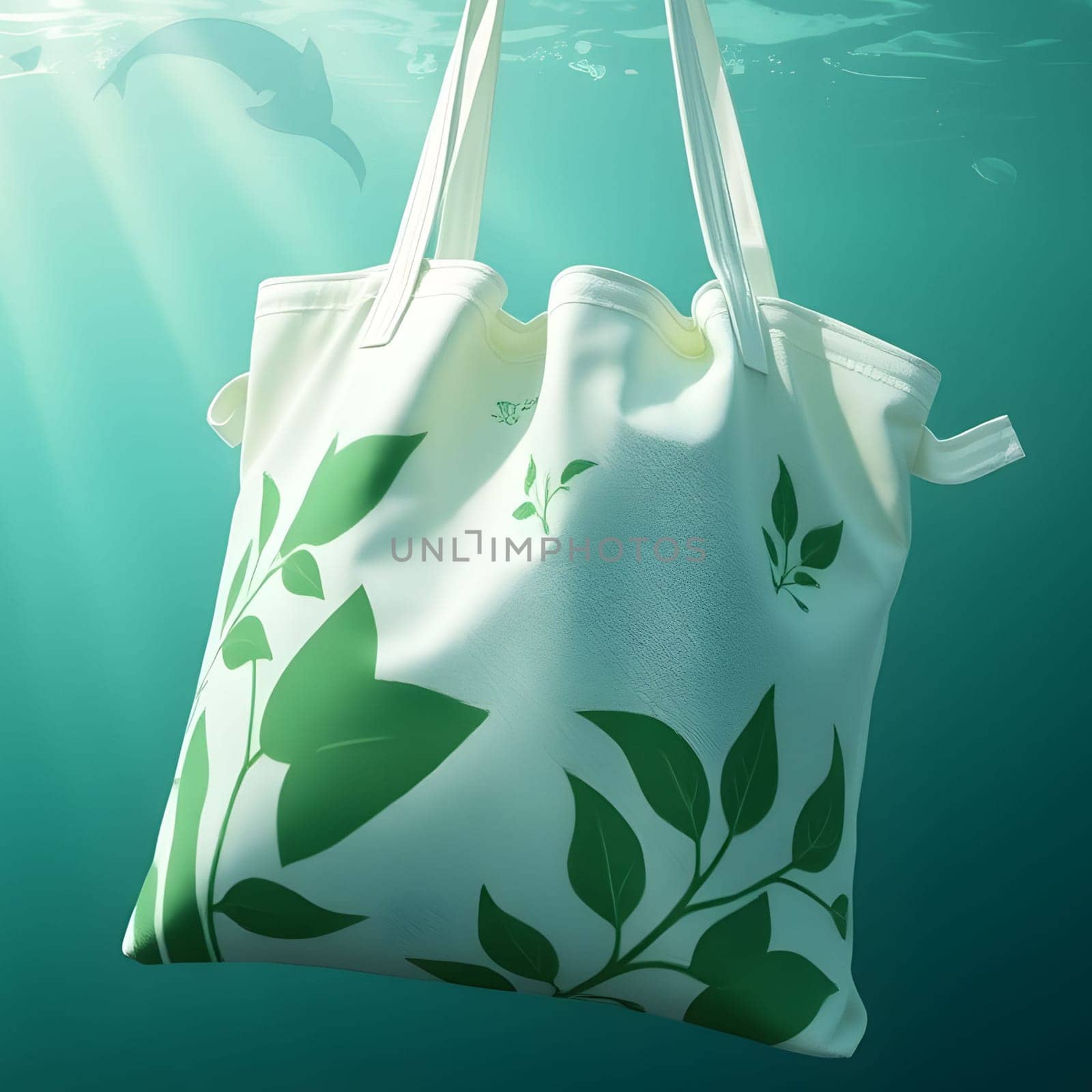 ecology water bag green leaves underwater sea sun light summer travel landscape day. High quality 3d illustration golfin