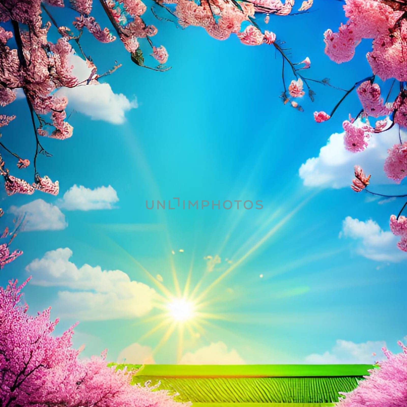 spring flowers trees blue sky nature bright colors pink flora alt illustration card season march. High quality 3d illustration