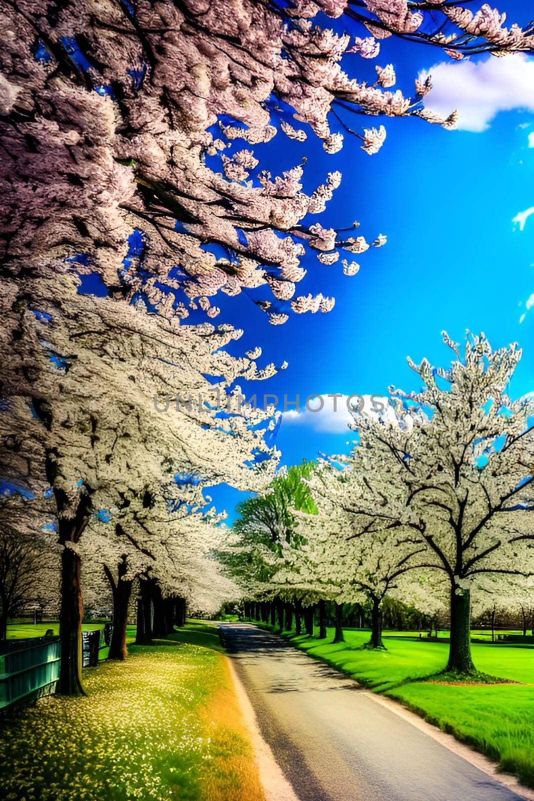 spring flowers trees blue sky nature bright colors flora alt illustration card season march. High quality 3d illustration