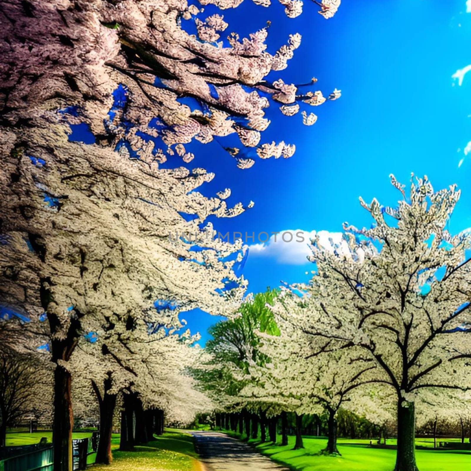 spring flowers trees blue sky nature bright colors flora alt illustration card season march. High quality 3d illustration