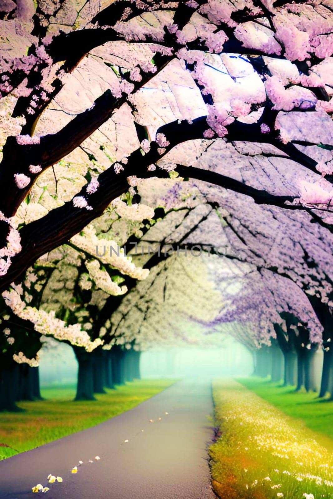 spring flowers trees beautiful park green nature bright colors pink flora alt illustration card season march. High quality 3d illustration