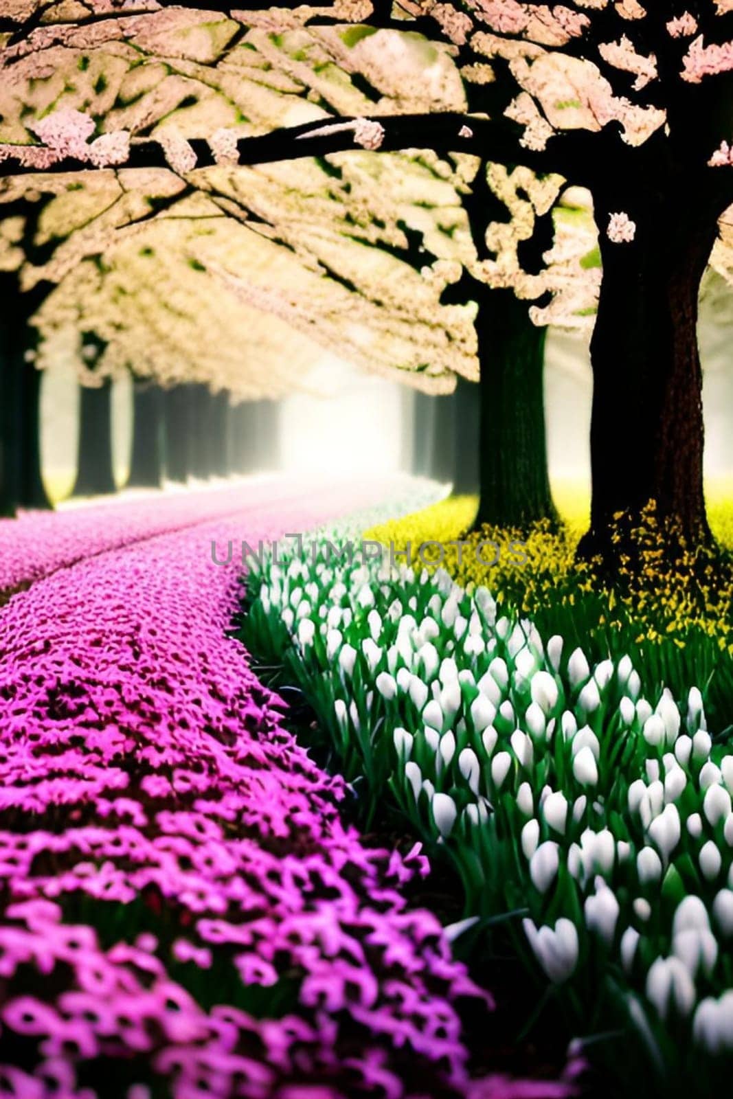 spring march flowers nature trees forest beauty white tulips violet purple fantasy landscape art background . High quality photo frame illustration alt