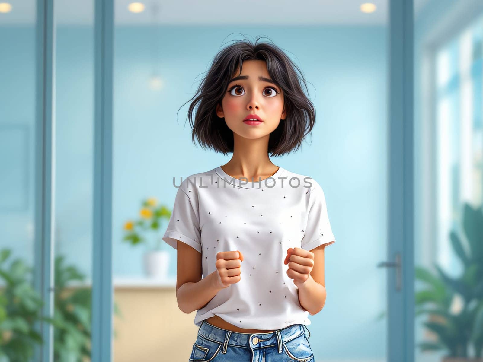 A digital illustration of a young woman with short dark hair, wearing a white t-shirt and jeans, looking surprised or worried. The background is a minimalist, light blue interior.