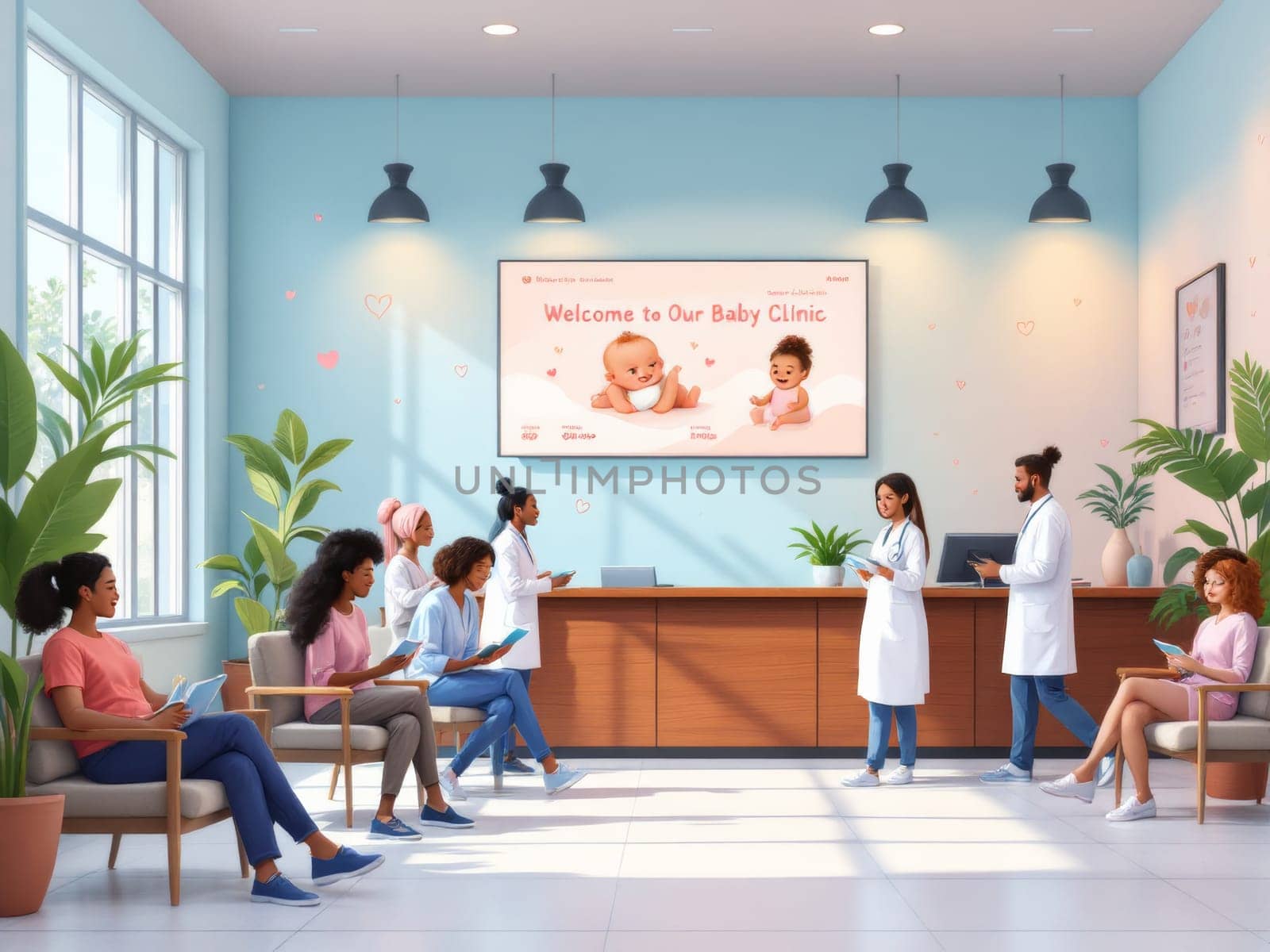 Parents and children wait in a bright, cheerful clinic waiting room. Medical professionals attend to patients at the reception desk. The atmosphere is serene and family-friendly.
