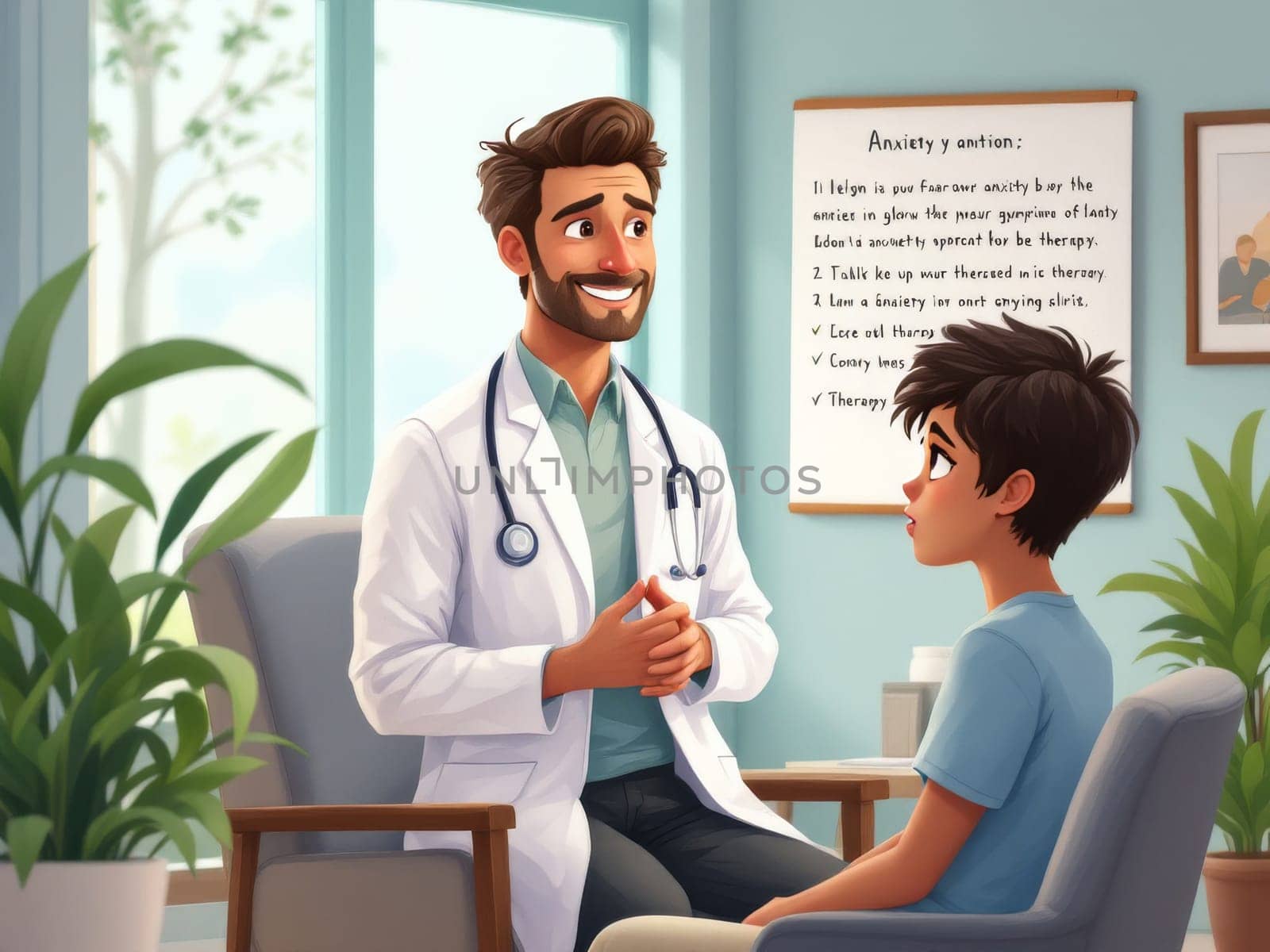 A kind doctor listens attentively as a boy describes his anxieties. The setting is a calm and welcoming office, promoting a safe space for open conversation and healing.