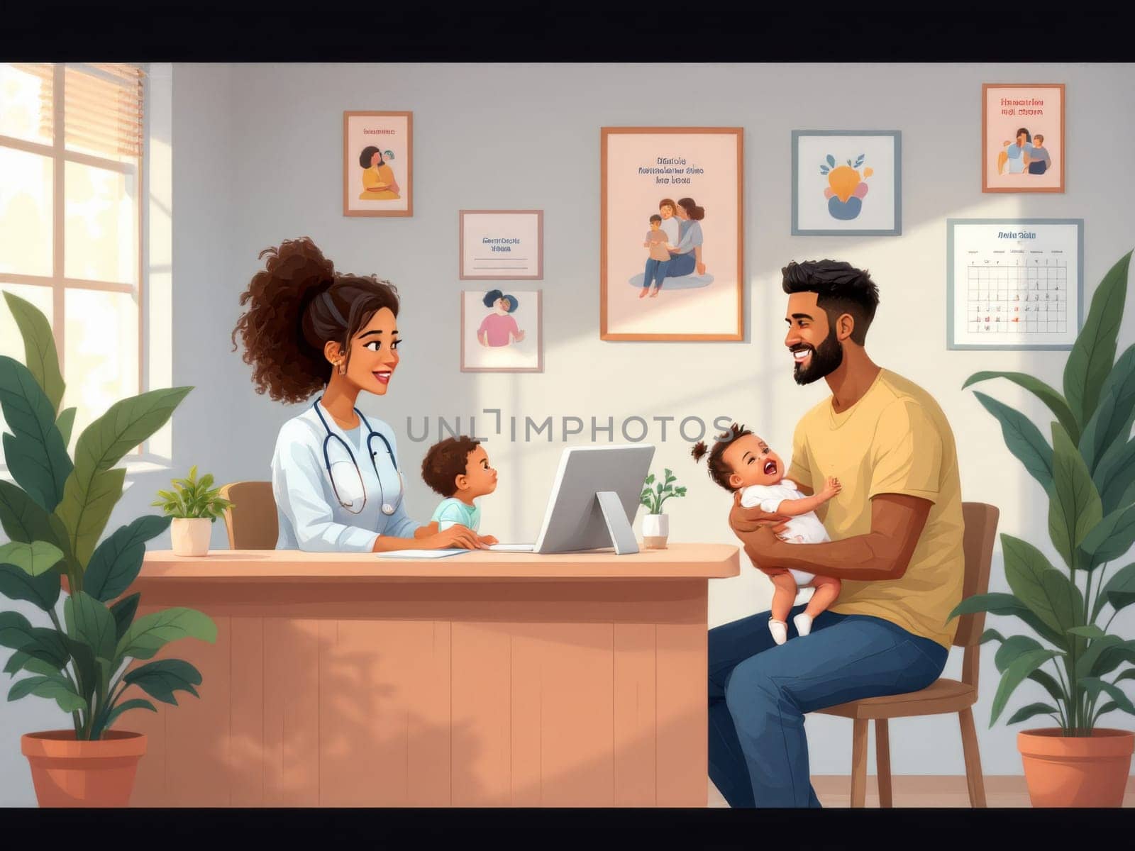 A warm and inviting doctor's office scene. A female doctor smiles reassuringly at a father holding an infant, while a toddler sits nearby. The atmosphere feels gentle and caring.