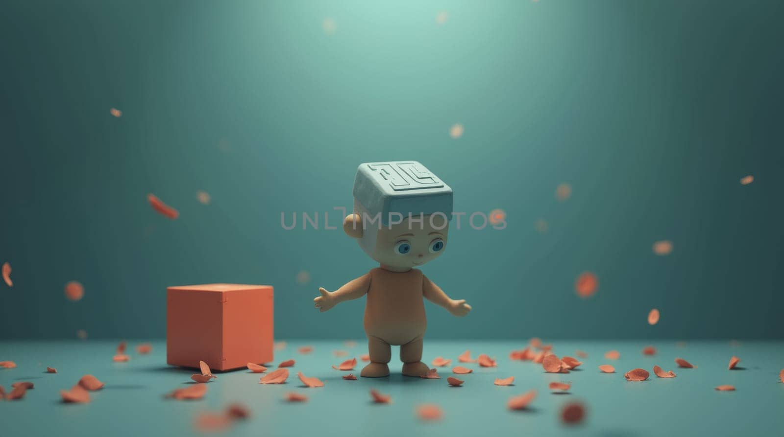 A 3D-rendered scene depicts a whimsical, nude-toned baby-like figure with a light-blue cube head. Orange petals gently fall around it and a cube.
