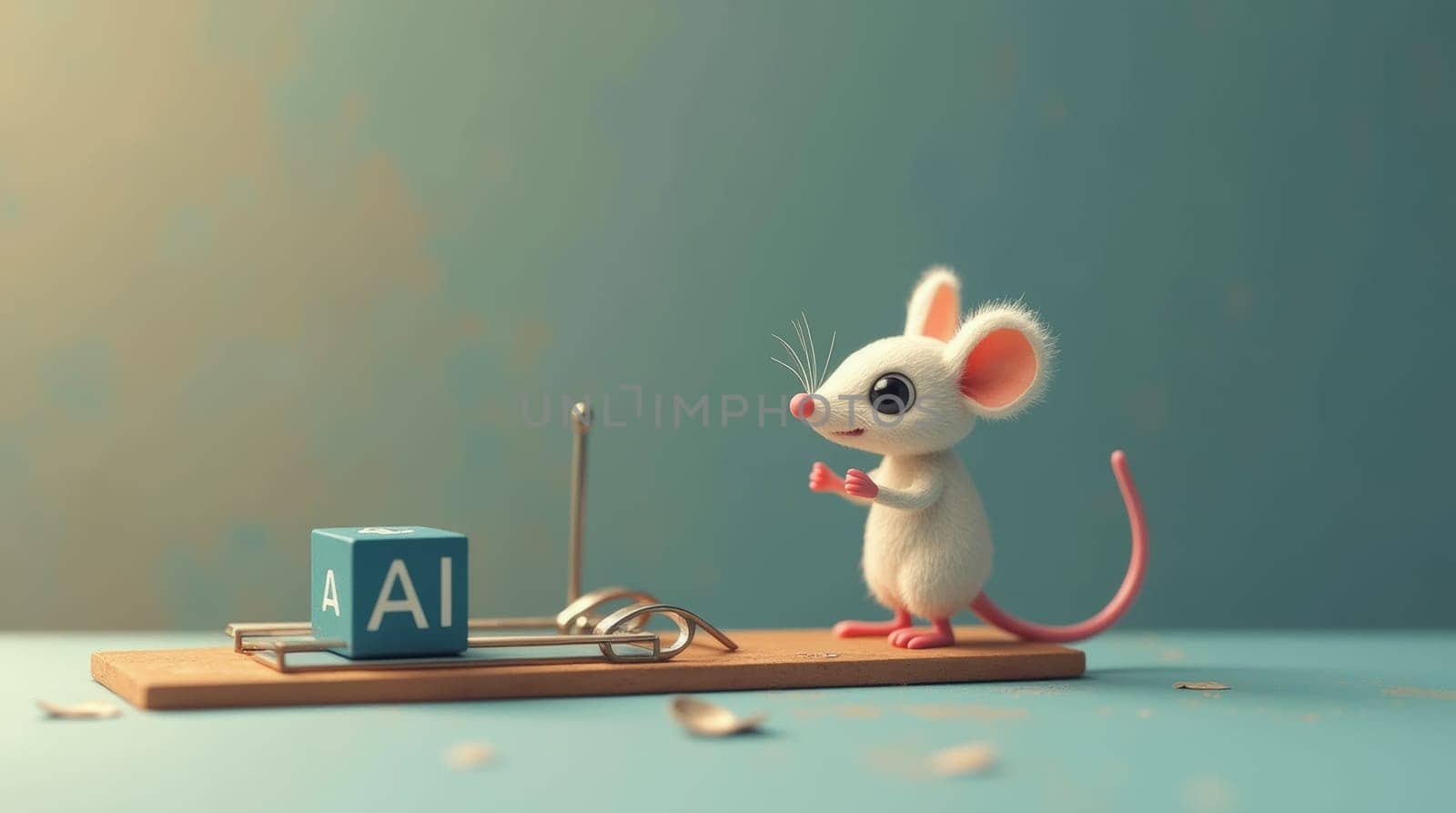 A 3D-rendered illustration depicts a fluffy white mouse cautiously observing a blue cube marked 'AI' positioned on a mousetrap. The scene is set against a muted teal background, hinting at a conceptual narrative.