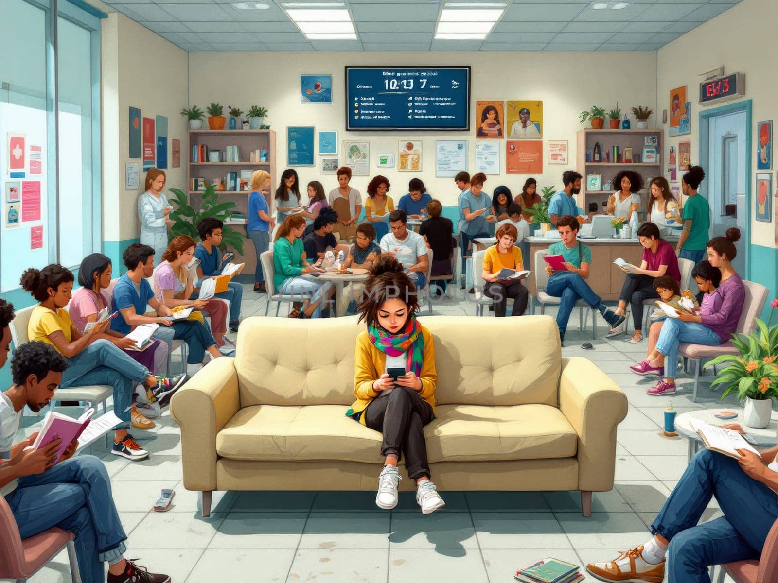 A bustling waiting area filled with people of different ages and ethnicities. Some are reading, others are on their phones, creating a vibrant scene of shared waiting time.