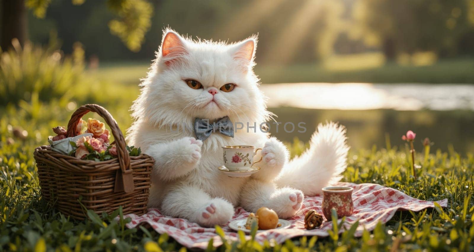 A white cat is sitting on a blanket with a basket of food and a cup. The cat is wearing a bow tie and he is enjoying a picnic
