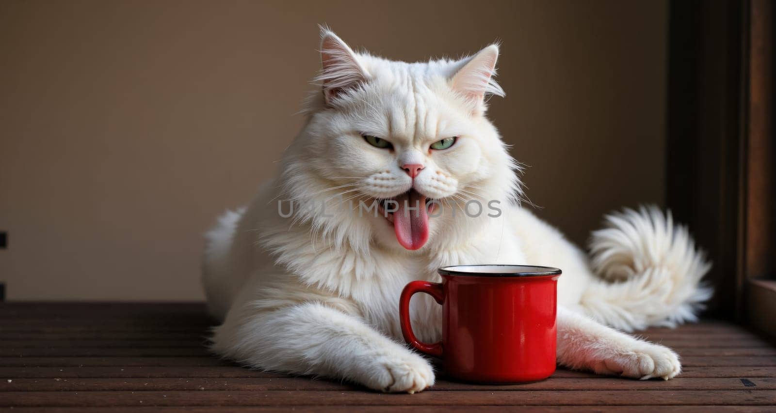 A white cat with blue eyes and a pink nose. The cat is sitting on a black surface