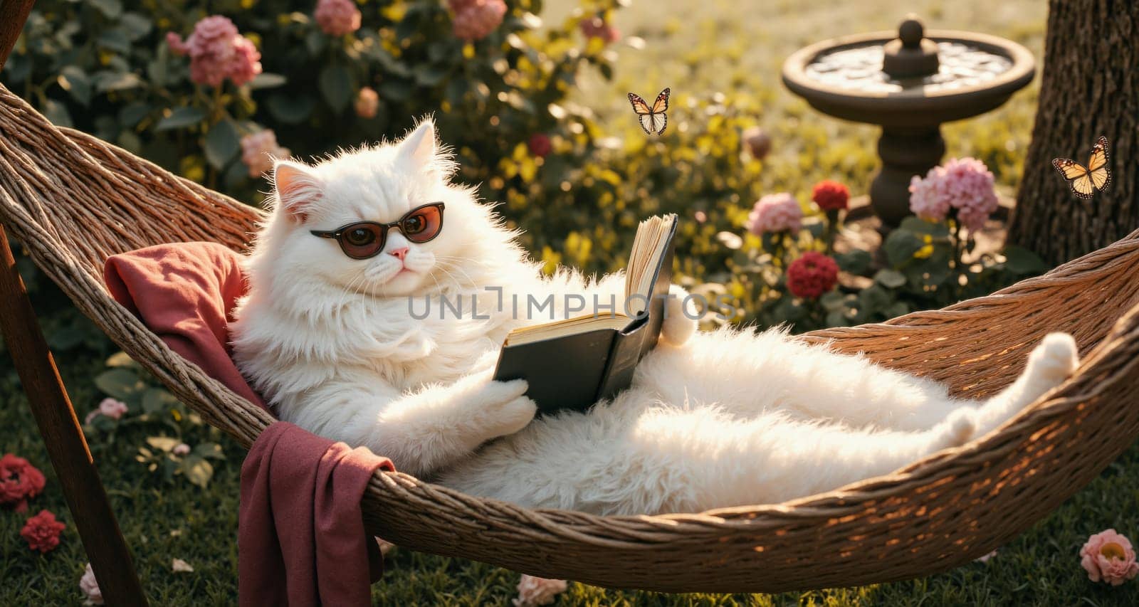 A white cat is laying in a hammock with a book in its mouth. The scene is peaceful and relaxing, with butterflies flying around the area