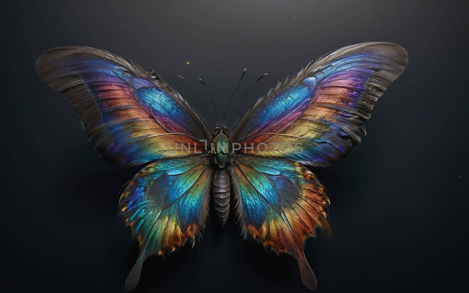 A colorful butterfly with a black body and blue wings. The butterfly is surrounded by a dark background