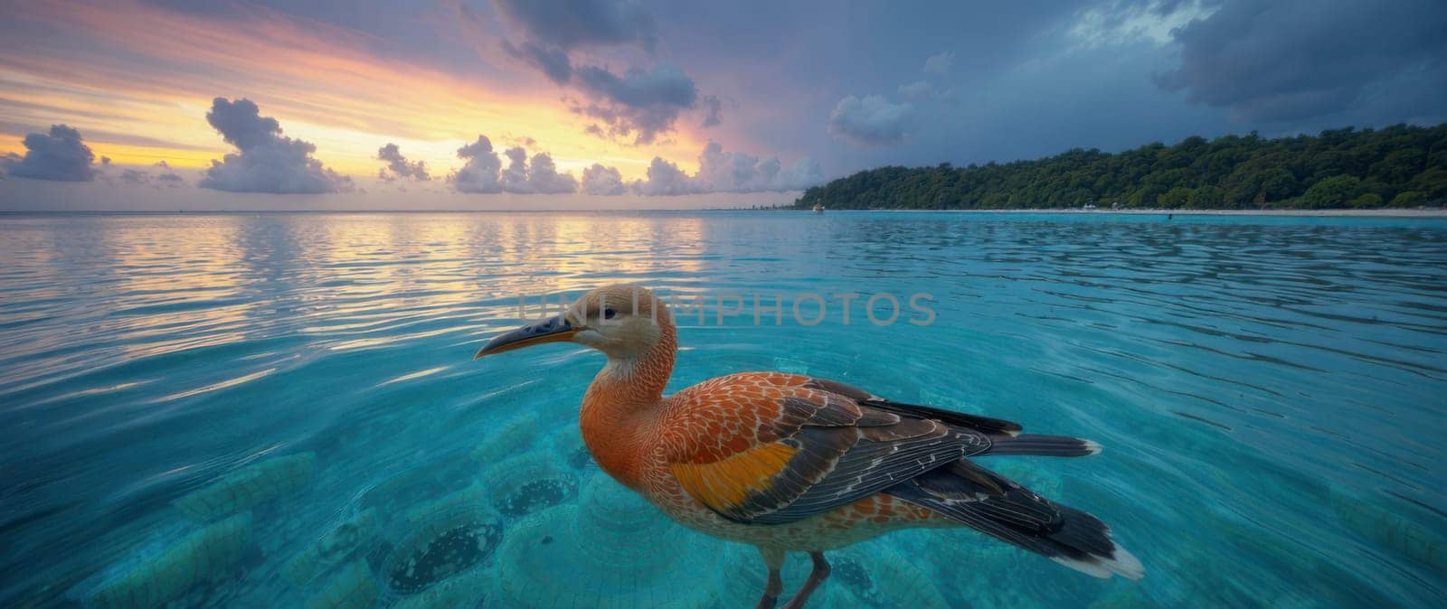 A bird is swimming in the ocean. The sky is orange and the water is blue. The bird is surrounded by rocks