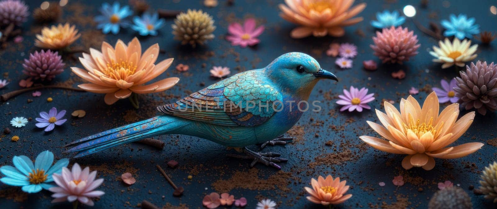 A blue bird is sitting on a bed of flowers. The flowers are of various colors, including pink, orange, and purple. The bird is surrounded by the flowers, creating a peaceful and serene atmosphere