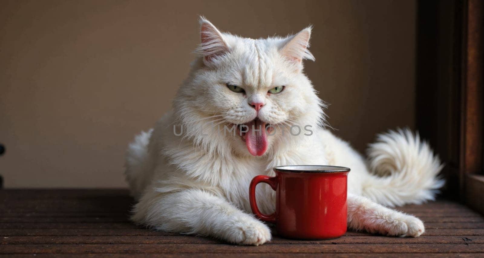 A white cat with blue eyes and a pink nose. The cat is sitting on a black surface