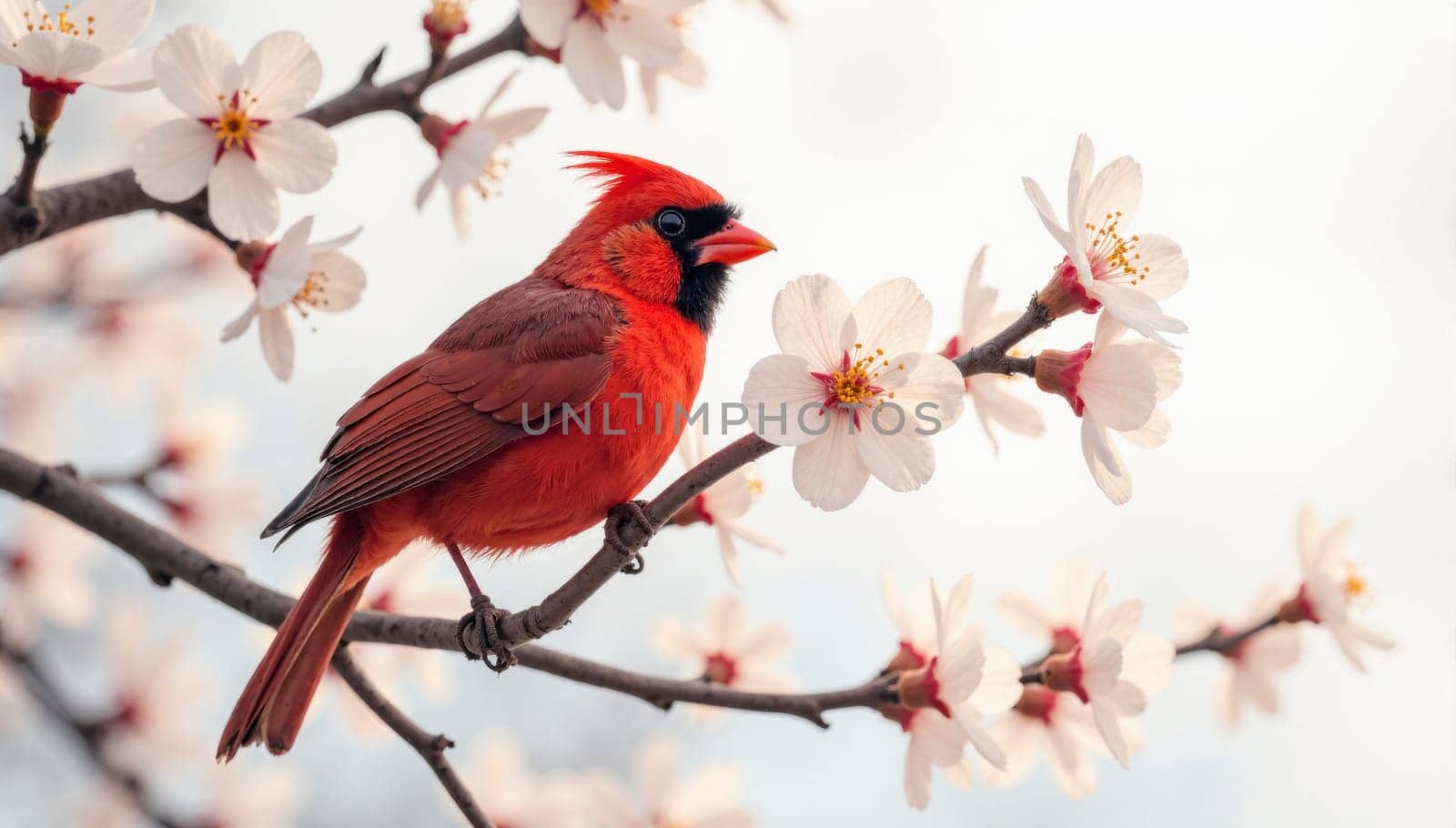 A red cardinal perched on a branch of a tree with white flowers. The bird is surrounded by the blossoms, creating a serene and peaceful atmosphere