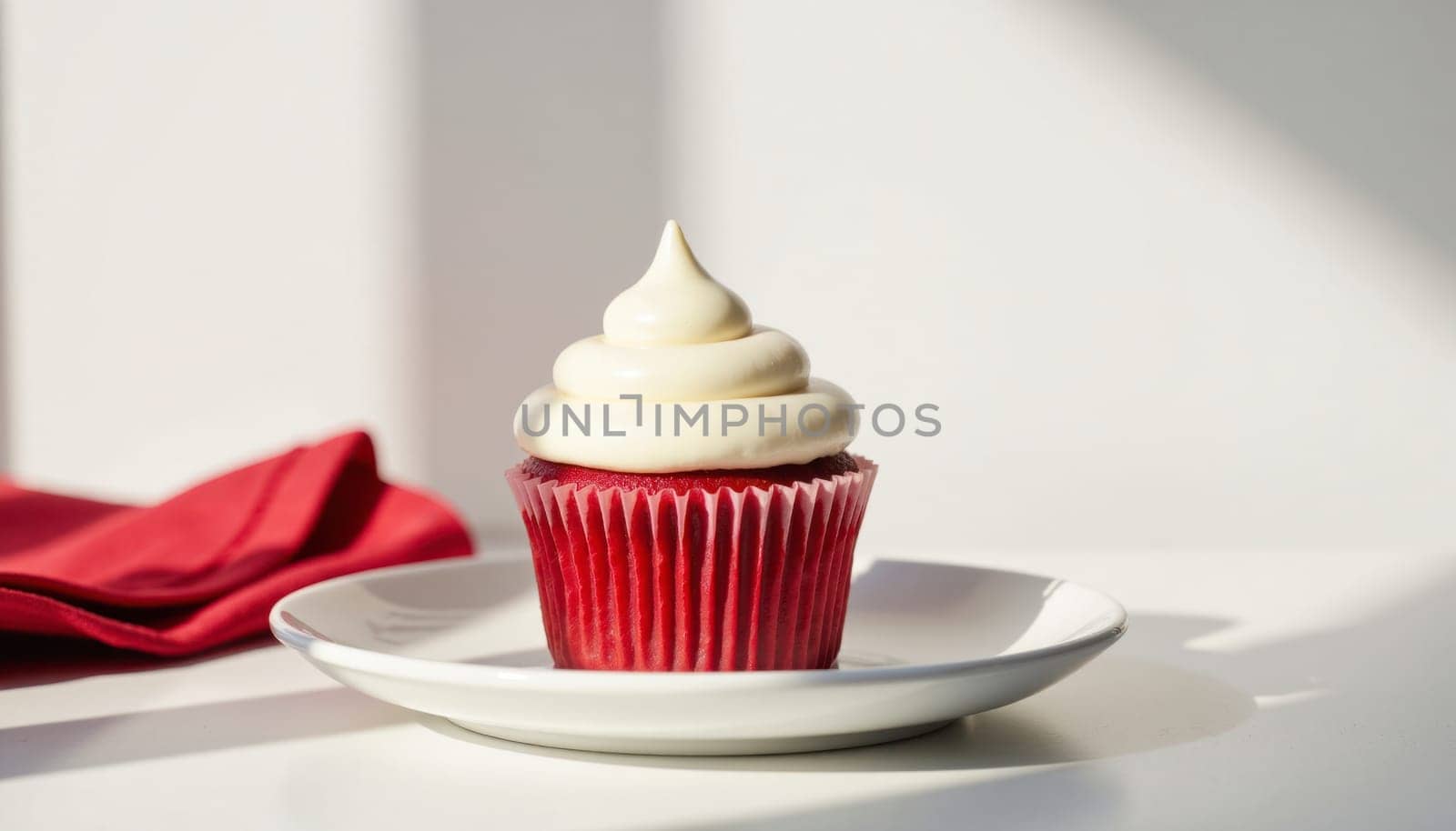 A delicious red cupcake with a white frosting and a cherry on top is placed on a white plate. The cupcake is sitting on a table, and the plate is positioned on top of a white cloth