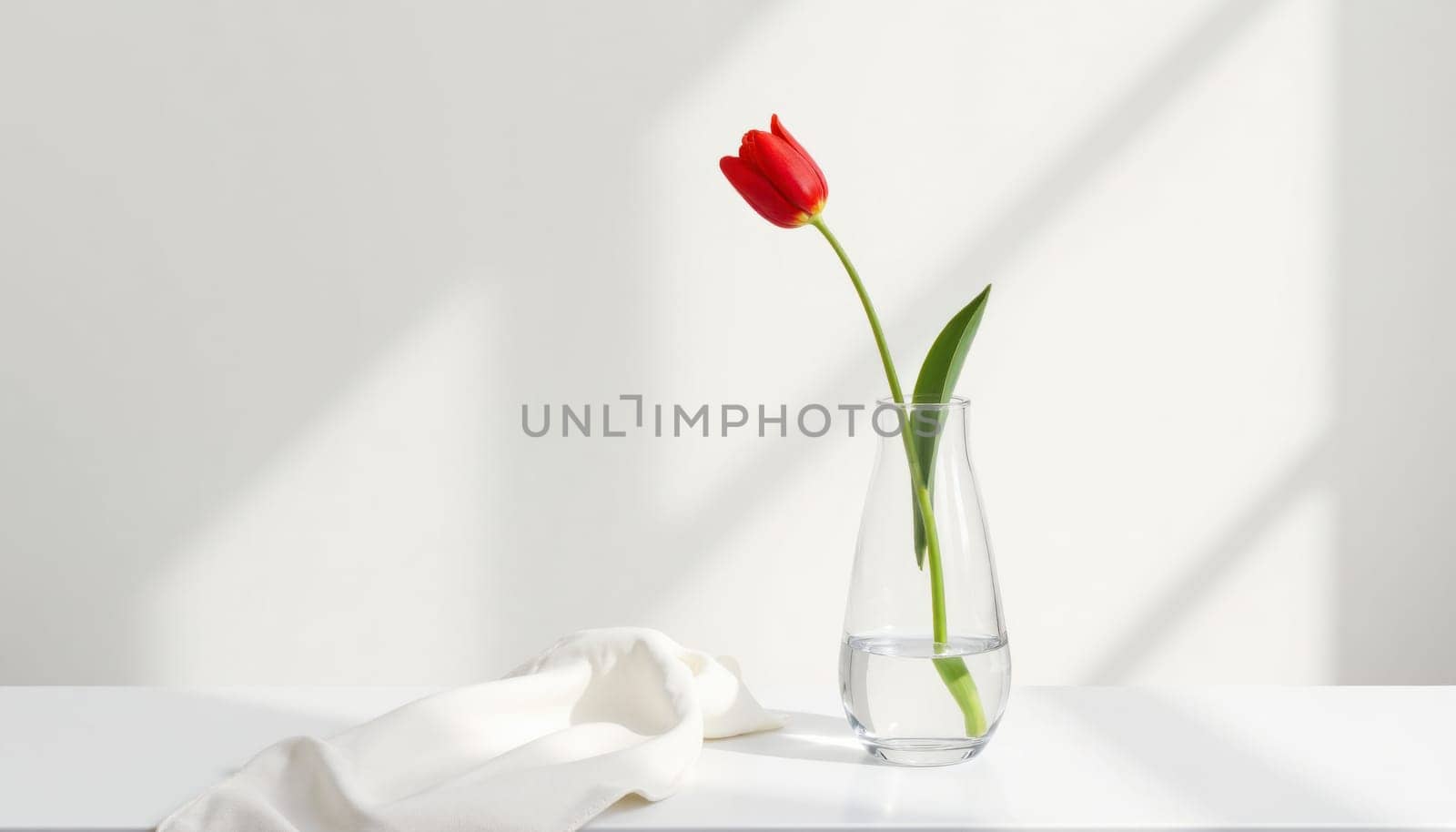 Two red tulips in a clear vase on a white table. The vase is placed on a white cloth