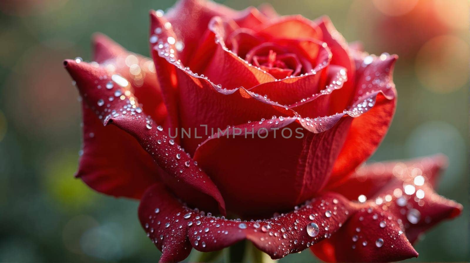 A red rose with dew drops on it. The dew drops give the rose a fresh and lively appearance