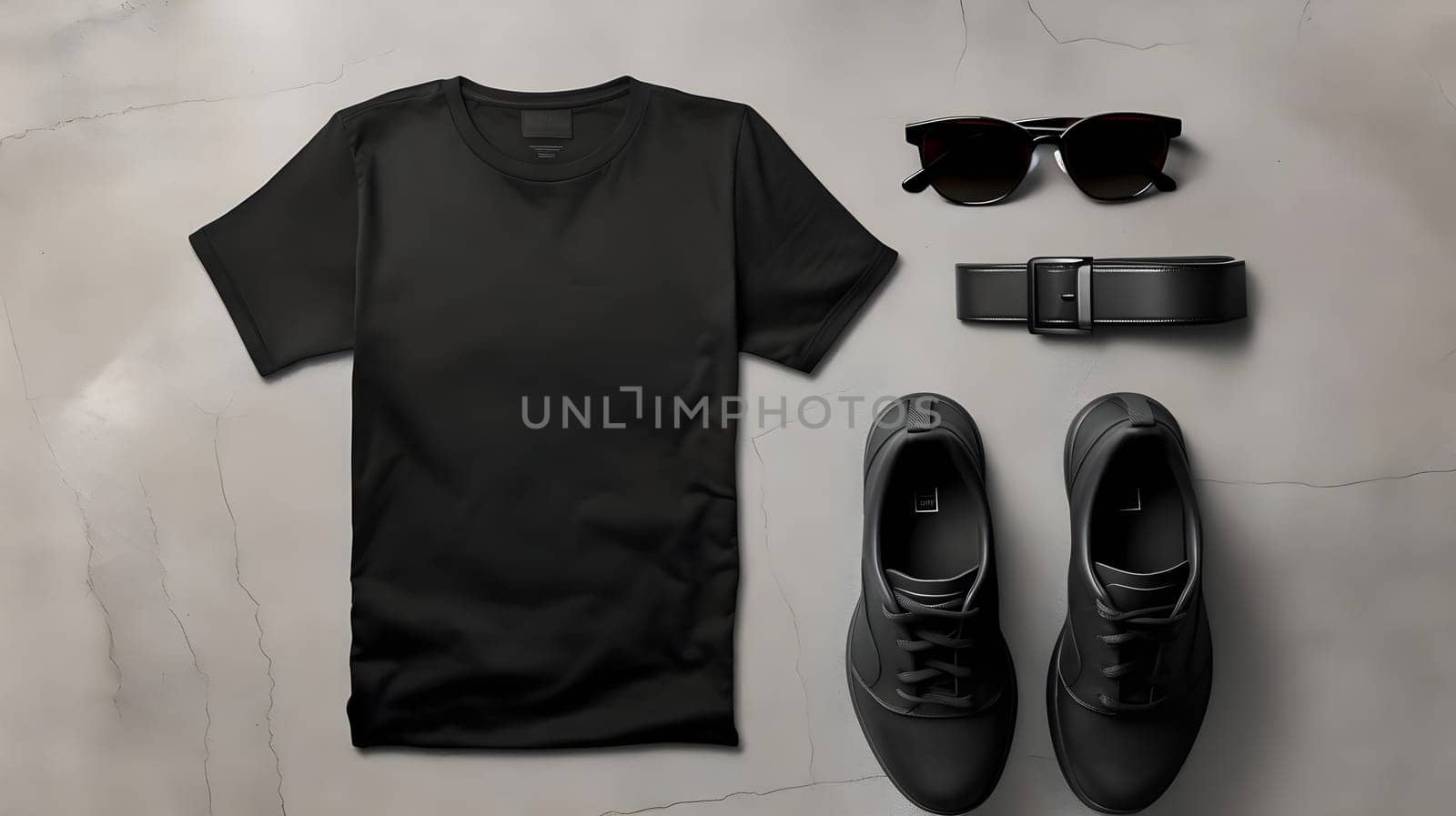 Black T-Shirt, Shoes, Sunglasses, and Belt: A Minimalist Style Guide for Modern Men.  Discover effortless cool with this monochrome fashion statement. Elevate your everyday look with sleek accessories.