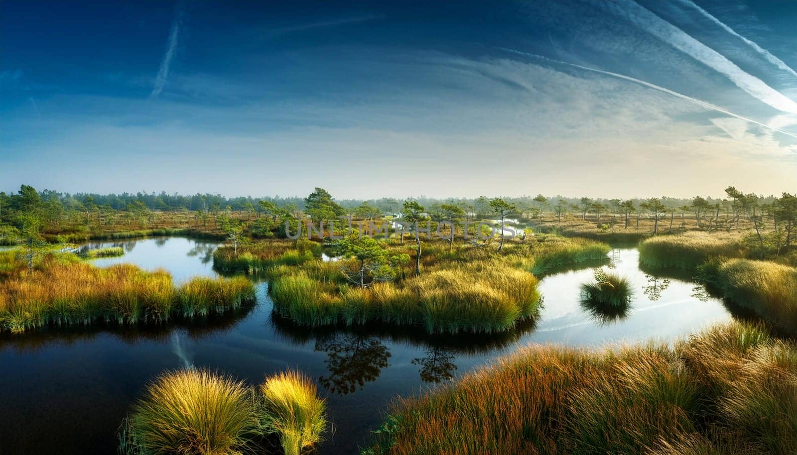 wetland marsches backwater natural landscape scenery, AI generated image