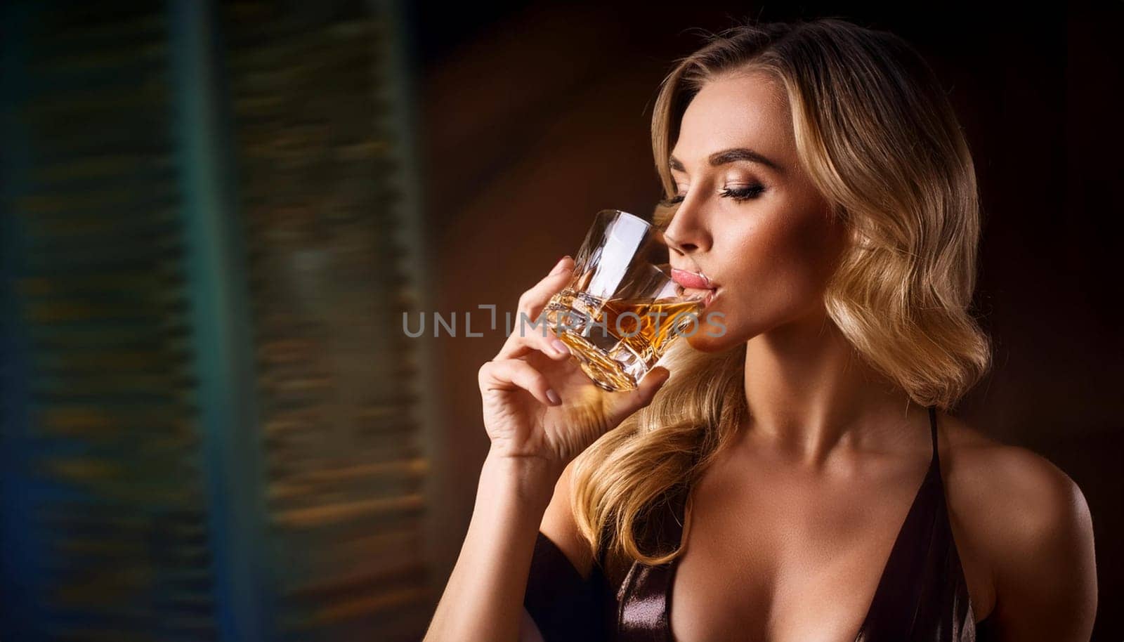 pretty young woman drinking whiskey, AI generated image