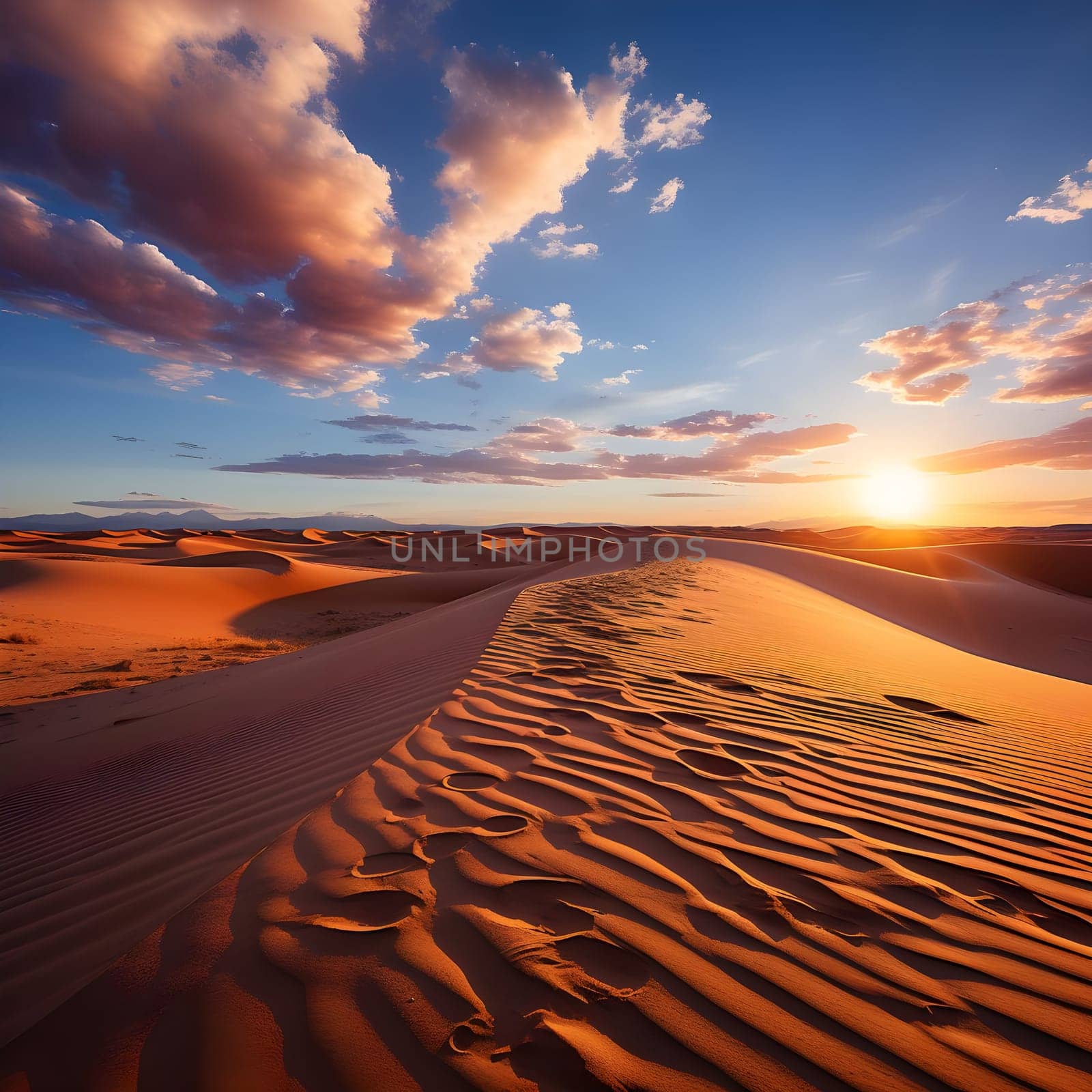 Desert Landscape: Golden Sands, Sunset Sky, Footprints in the Dunes, Majestic Scenery, Tranquil Atmosphere, Breathtaking Views, Serene Environment, Picturesque Vista, Dramatic Colors, Wind-Sculpted Patterns