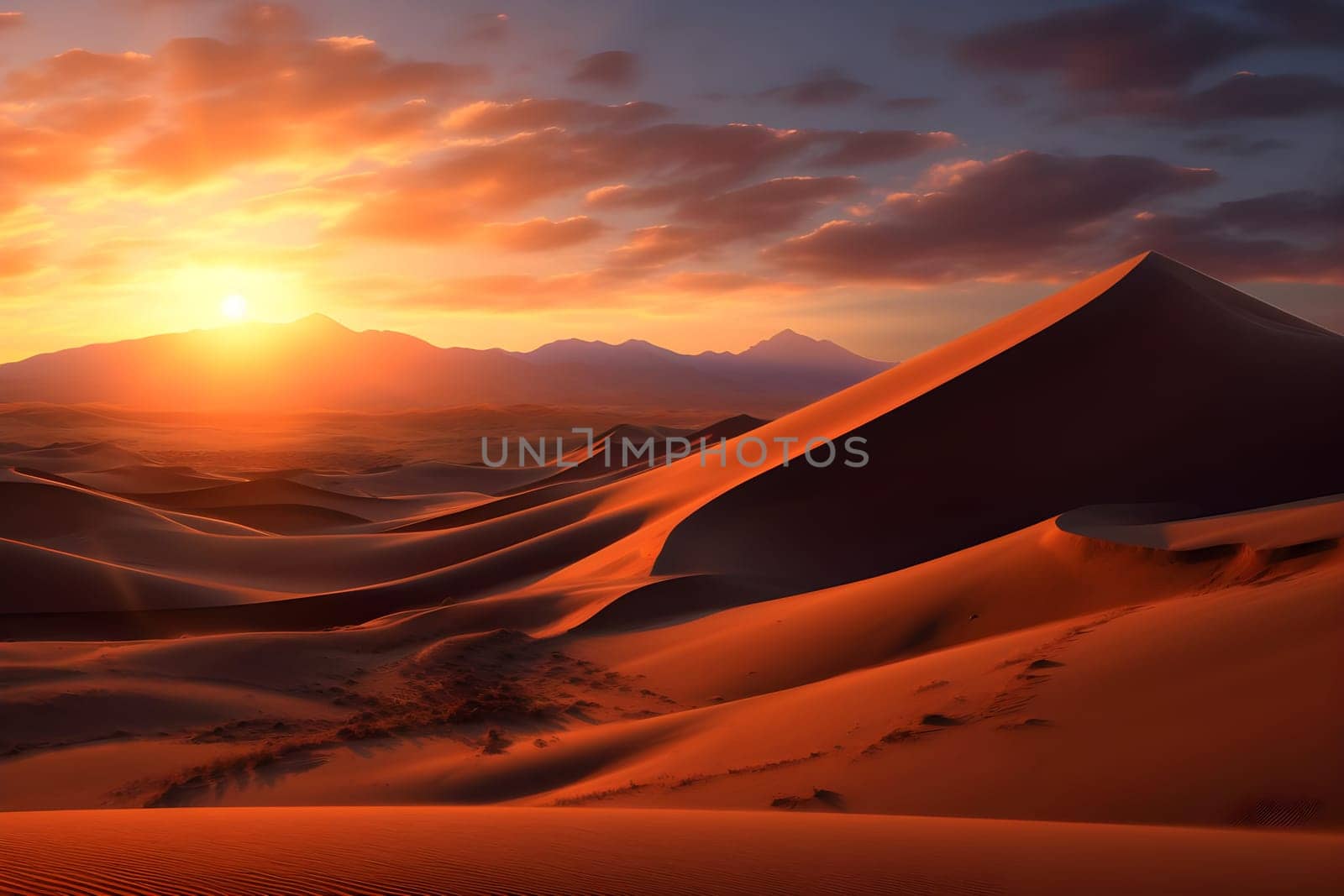 Sun Sets on Majestic Desert Dunes:  A Breathtaking Panorama of Rolling Sands and Silhouetted Mountains at Golden Hour, with Dramatic Sky Colors. Witness the Tranquility of Nature's Masterpiece.