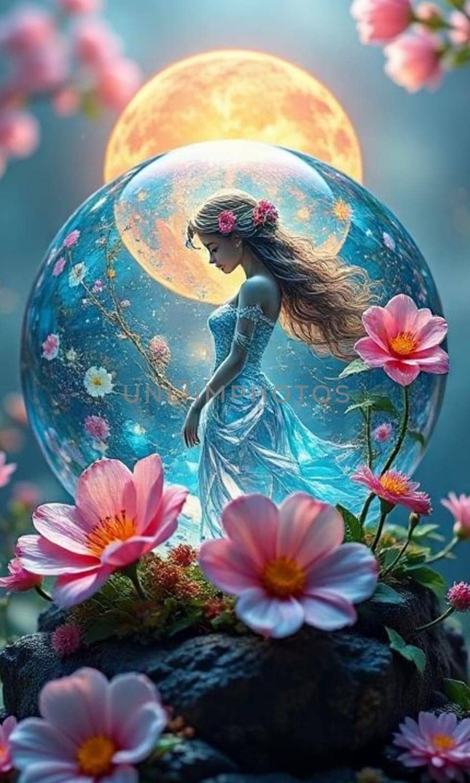 beautiful flowers postcard nature spring art illustration cartoon girl moon plants flora tenderness women's day. High quality 3d illustration alt fantasy