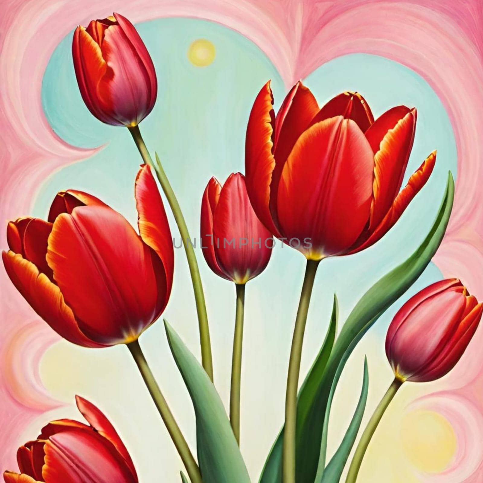 tulips beautiful red flowers green leaves blue background nature plants variety flora botanical garden. High quality photo illustration