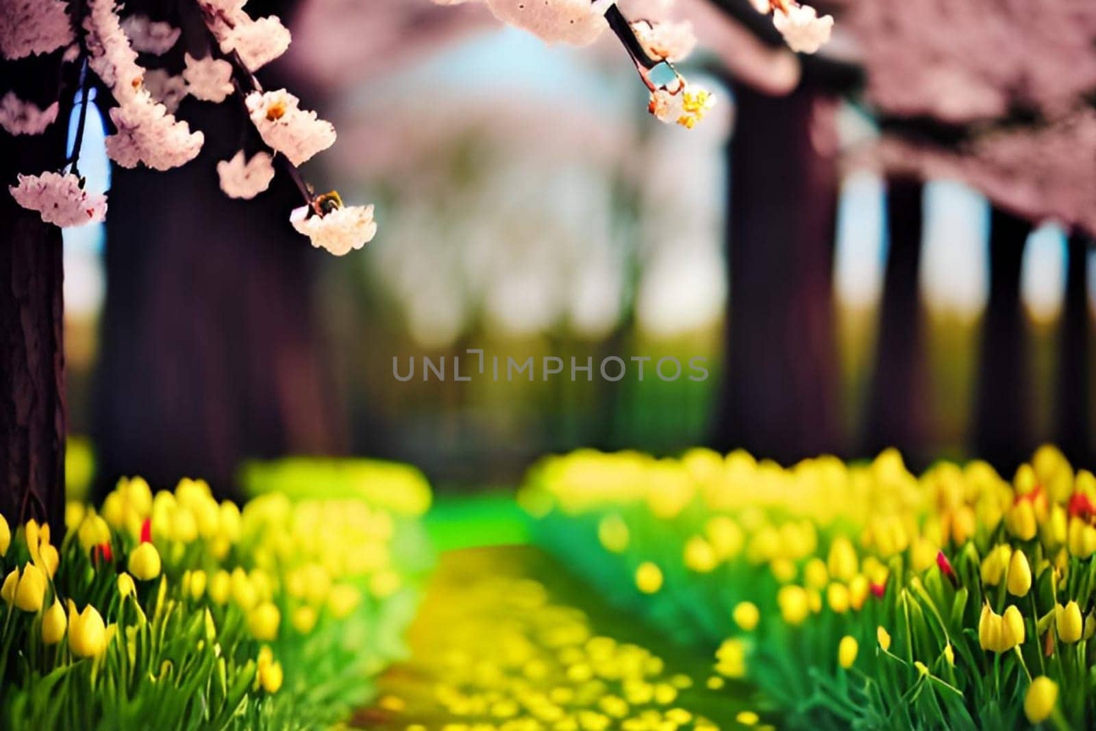 spring nature yellow flowers pink tree forest park generated alt. High quality illustration landscape background summer