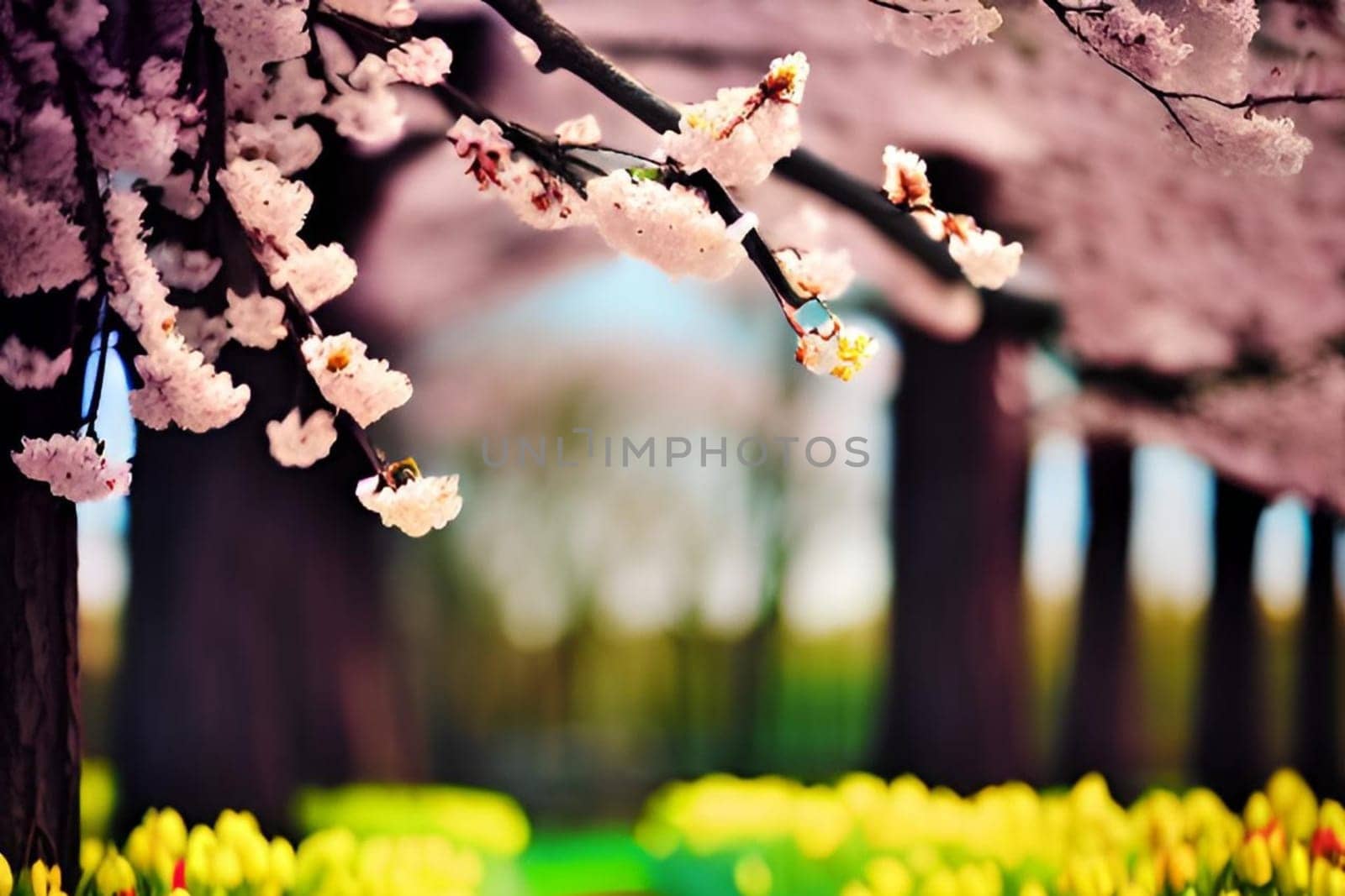spring nature yellow flowers pink tree forest park generated alt. High quality illustration landscape background summer