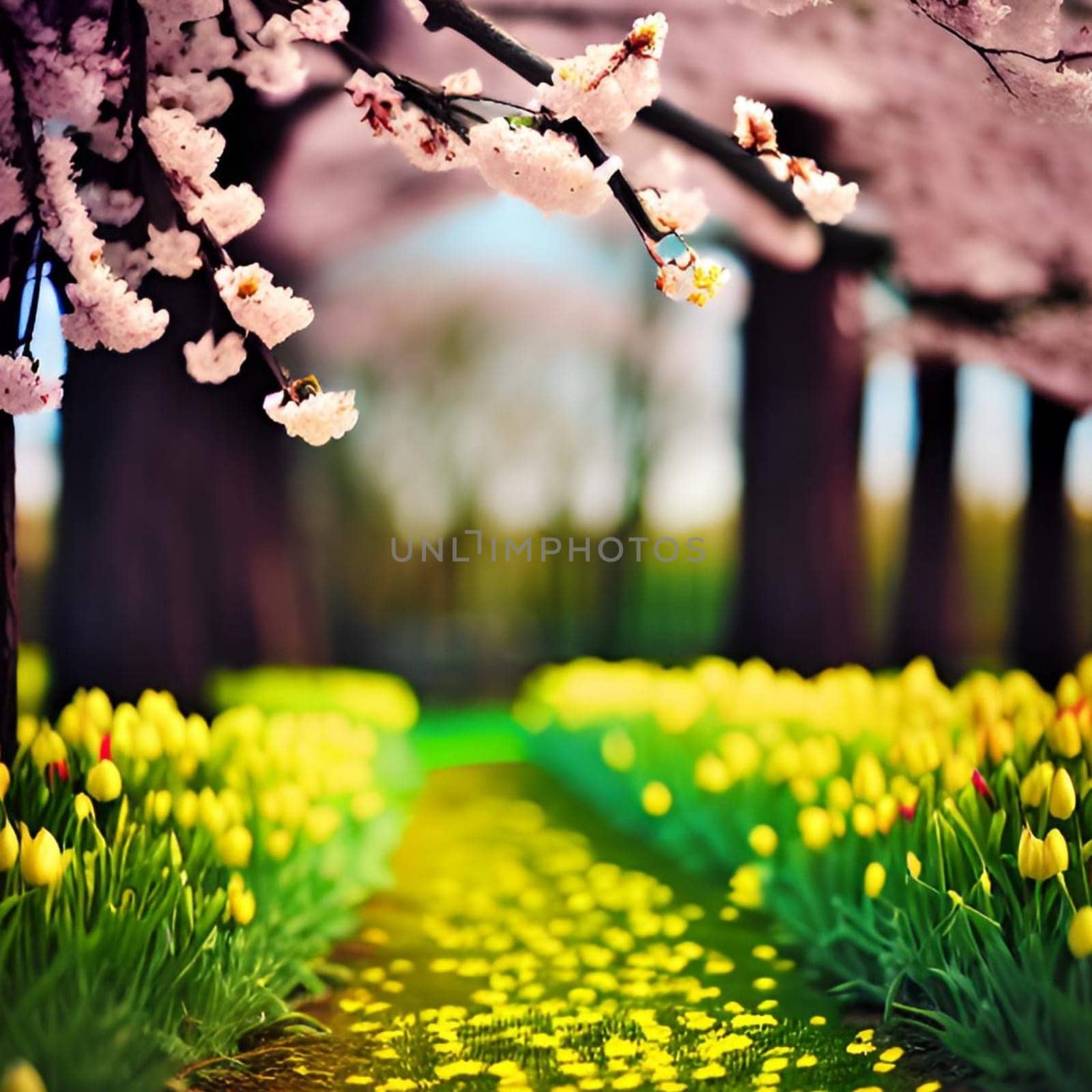 spring nature yellow flowers pink tree forest park generated alt. High quality illustration landscape background summer