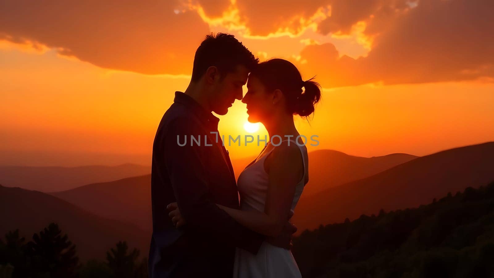 The silhouettes of a couple embrace against a stunning sunset, surrounded by a romantic glow. High quality photo